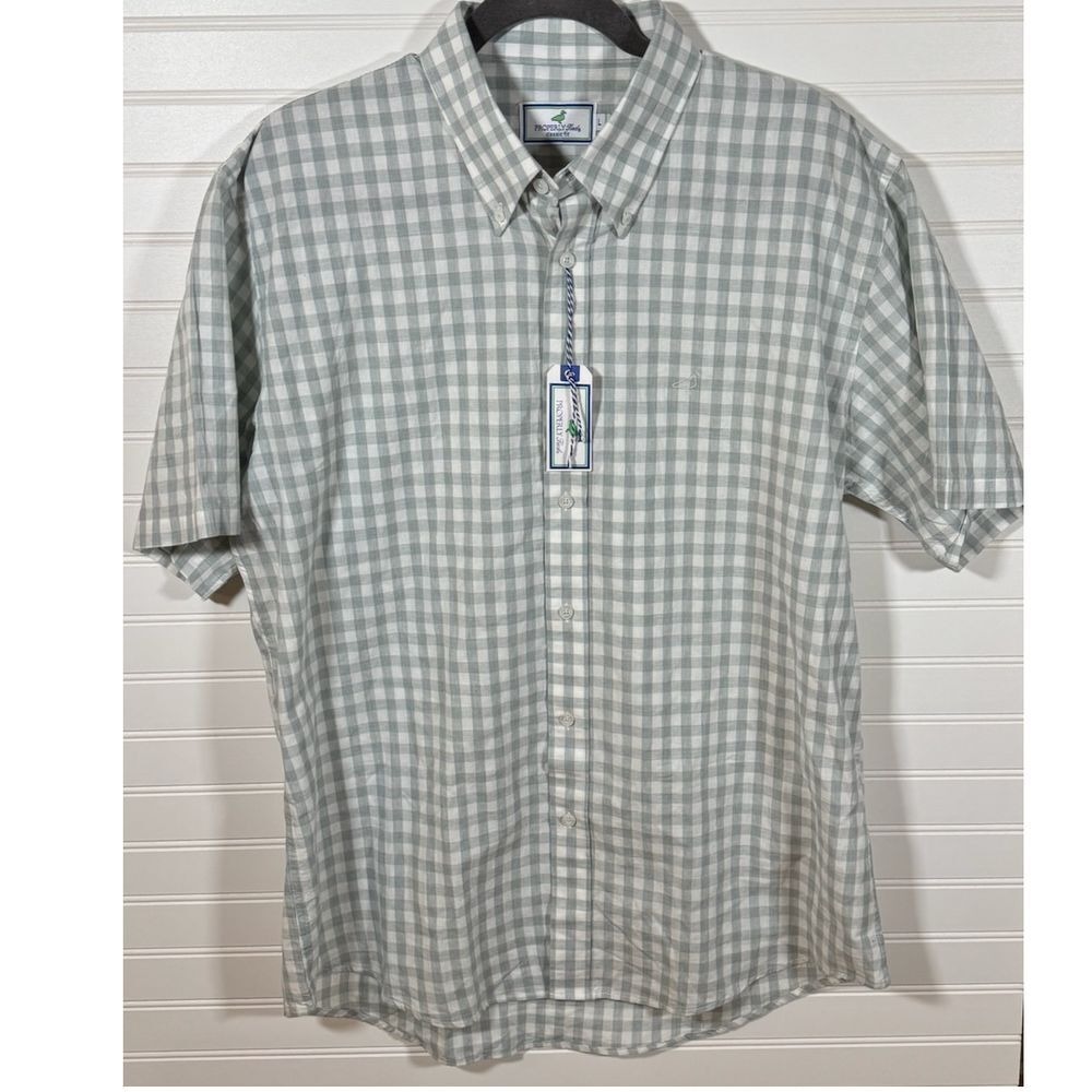 Properly Tied Mens Grey White Gingham Short Sleeve Button Down Shirt Large NEW